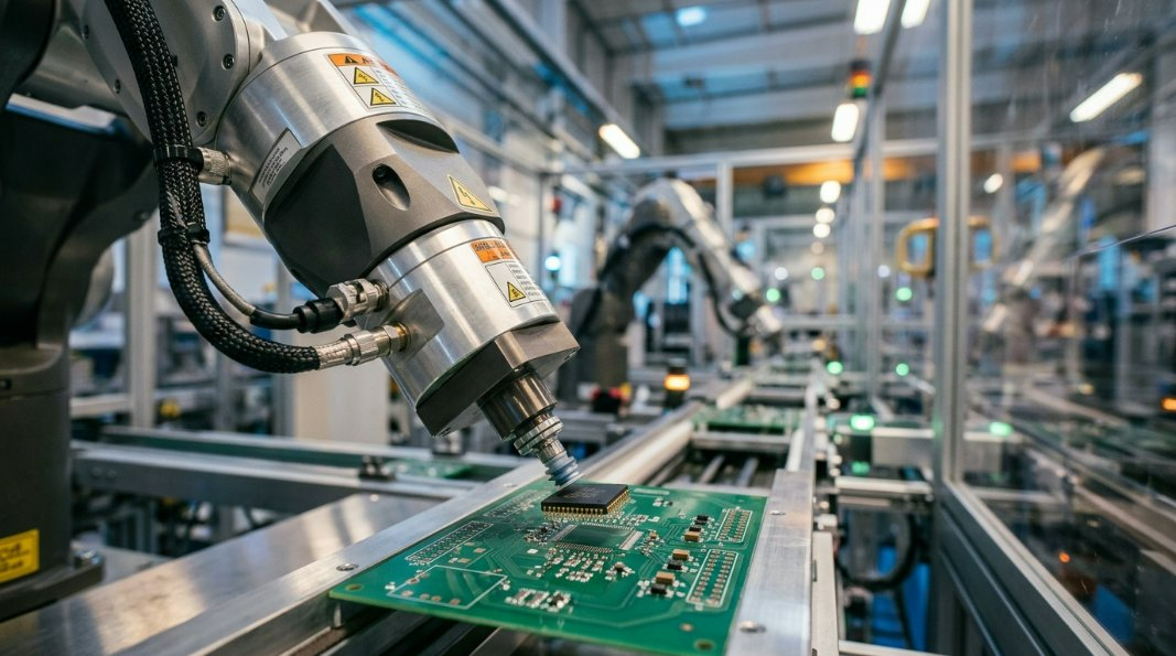 A high-tech automated PCB assembly line showing robotic arms placing components on a circuit board in a clean, modern factory environment.