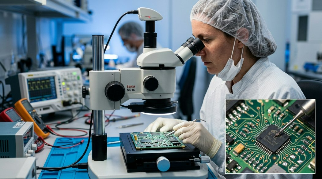 A professional engineer inspecting a complex PCB under a microscope in a laboratory setting.
